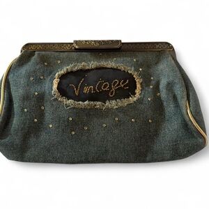 Vintage Jean Denim clutch metal hardware 
Rhinestone detail 90s rust gold